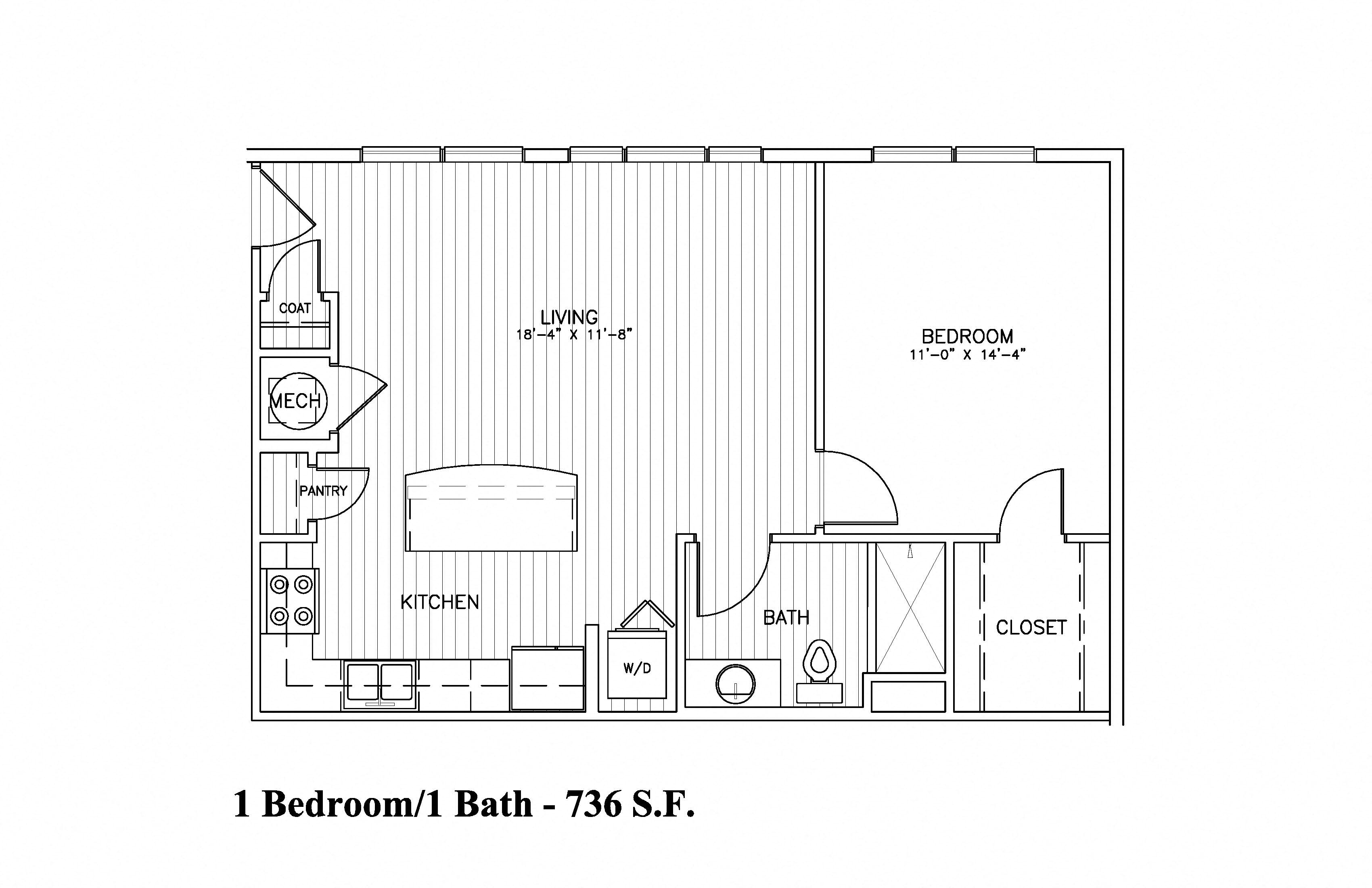 Floor plan for 1 bed, 1 bath, 736 sqft
